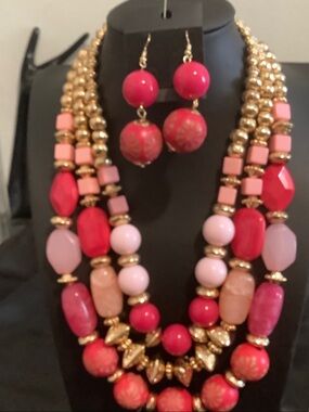 Gold and Pink Multi-Strand Statement Necklace with Matching Earrings